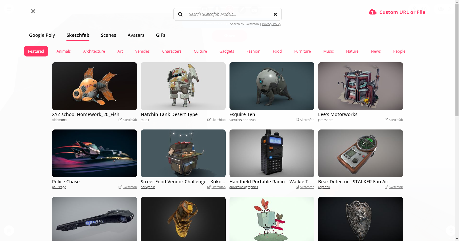 You can select objects from Sketchfab, as well as other object libraries