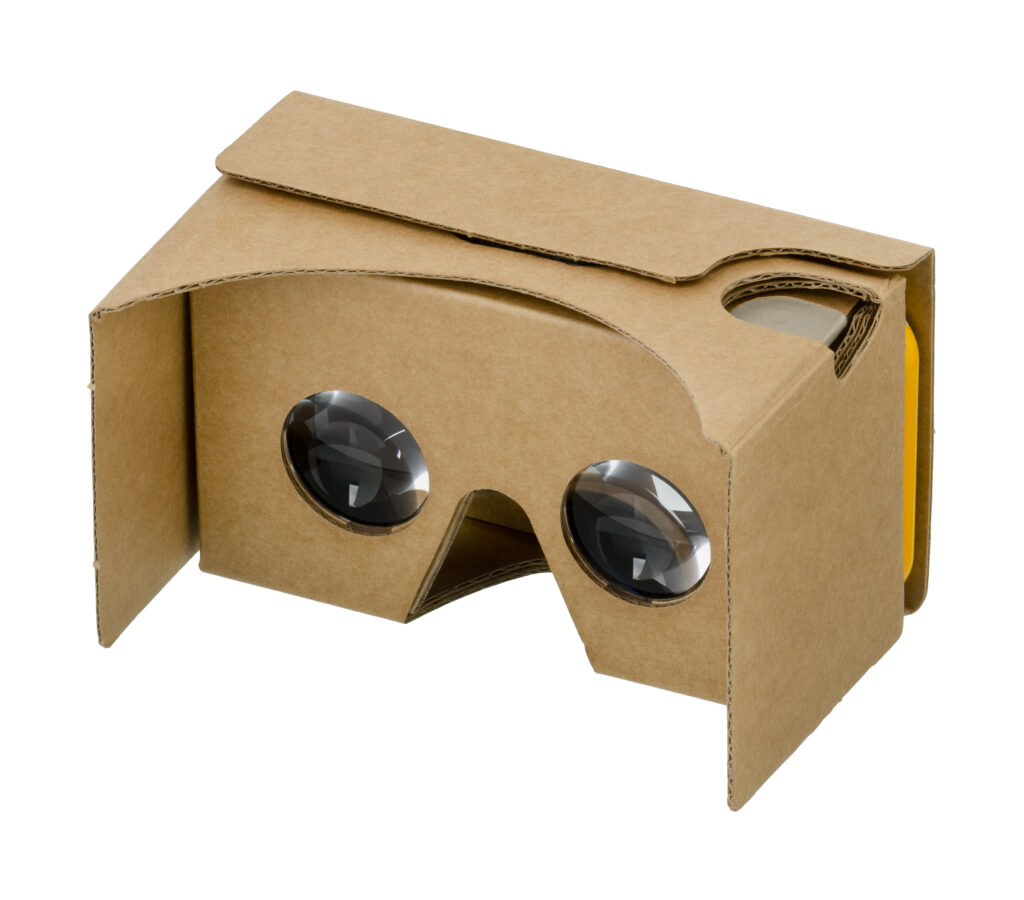 Image of a Google Cardboard headset. Special lenses allow users to focus on the smartphone screen slotted into the cardboard headset.