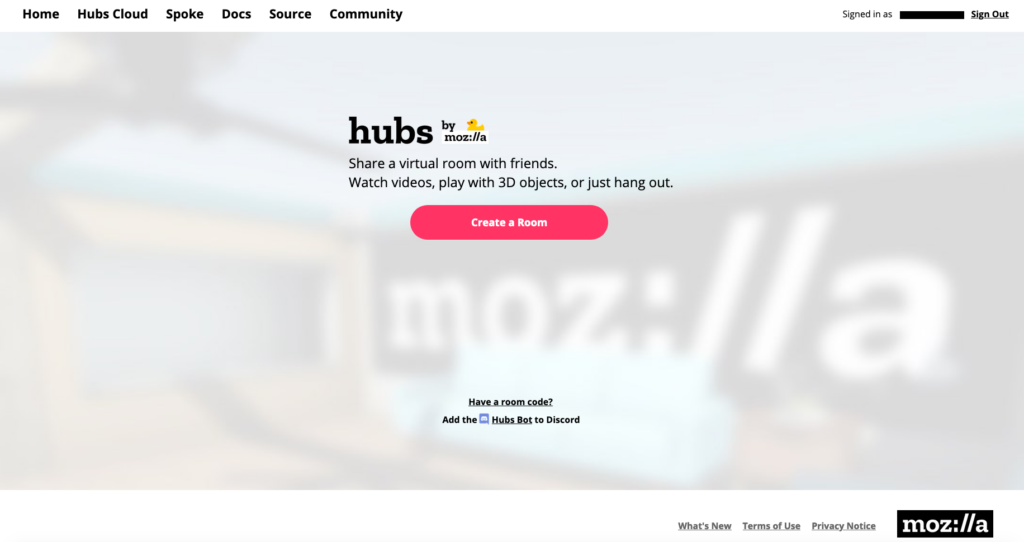 Signed in users can create new Hubs Rooms