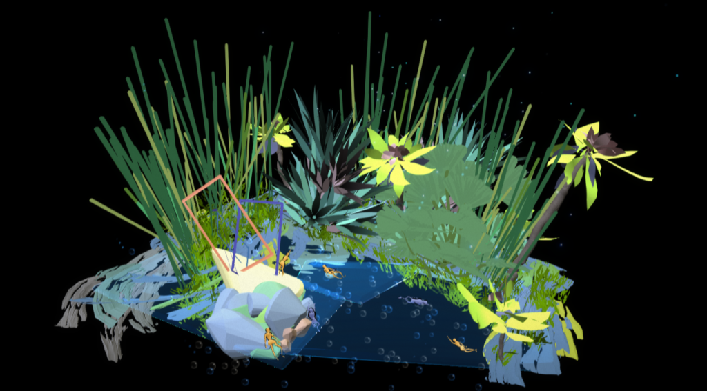A scene of a garden with tiny people relaxing among large foliage, made in Tilt Brush by Luna Sun.