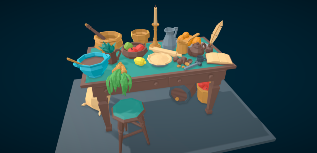 An old fashioned kitchen table, with food items, candlestick and quill. Made in Blocks by Don Carson.