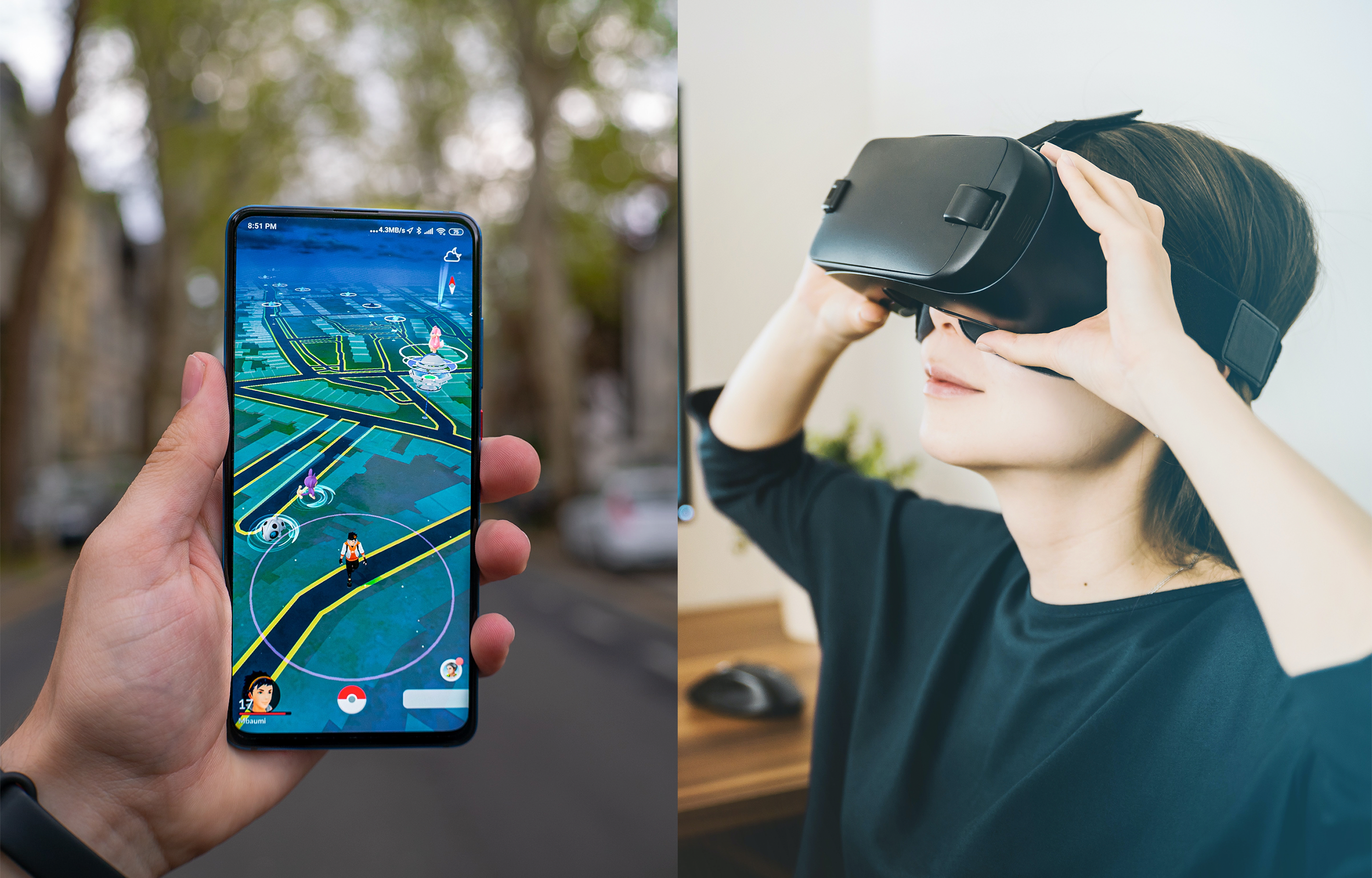 Smartphone showing a mobile AR app, and Woman wearing a VR headset, two sides of the virtuality spectrum.