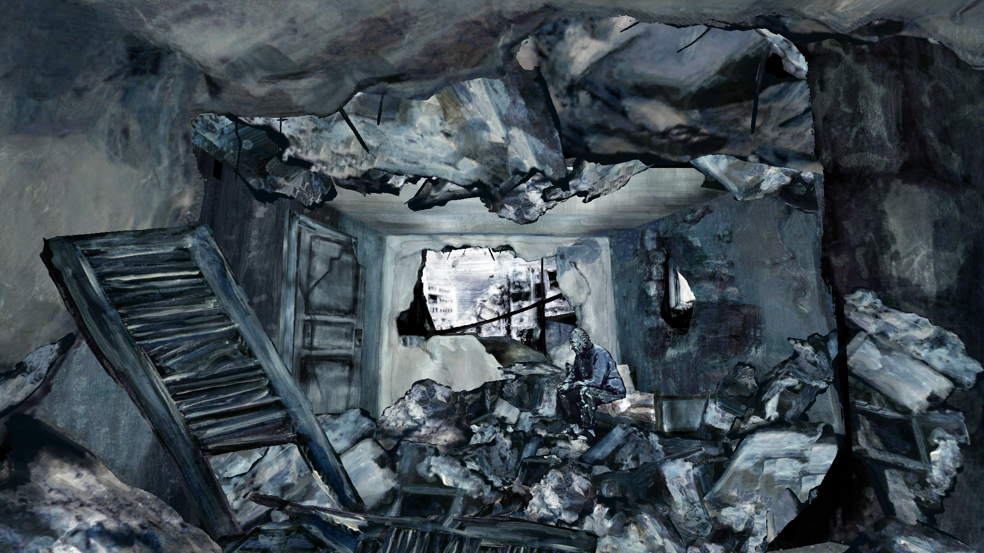 Screenshot from The Hangman at Home, depicting a man in a partially destroyed building