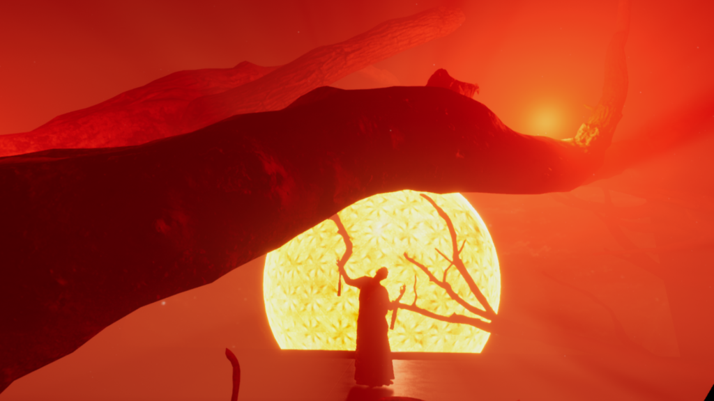 A screenshot from Ode to Moss, showing a woman dancing in front of the sun, with tree limbs.
