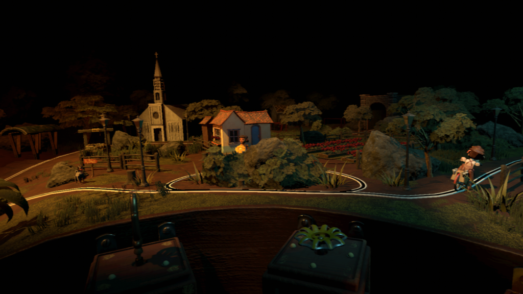 The miniature landscape of The Line, with the protagonist riding his bike along the track.