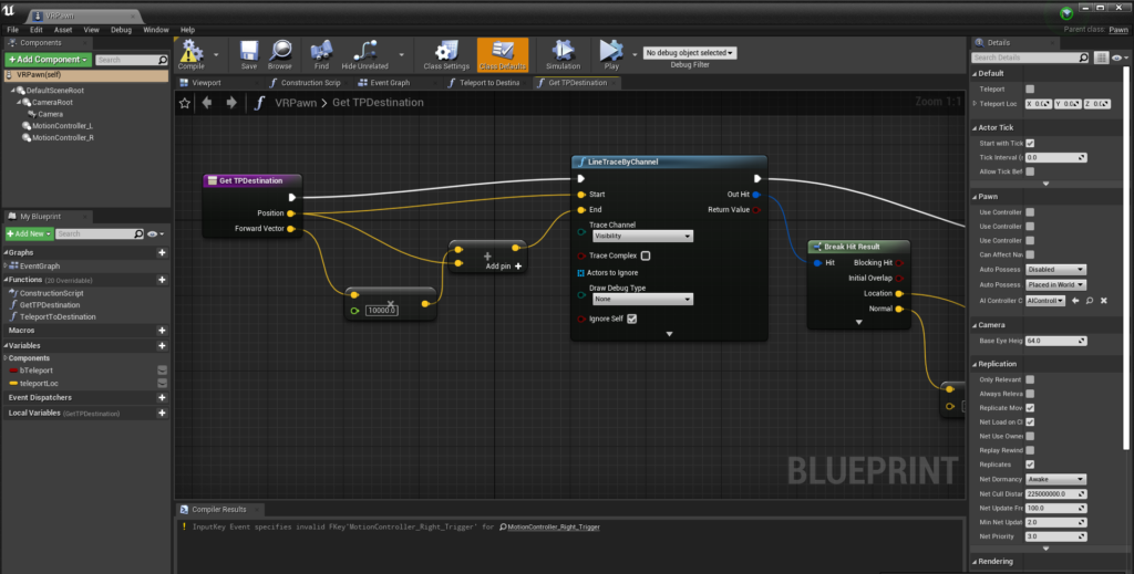 A blueprint within Unreal Engine, showing teleportation logic of the VR Pawn class.