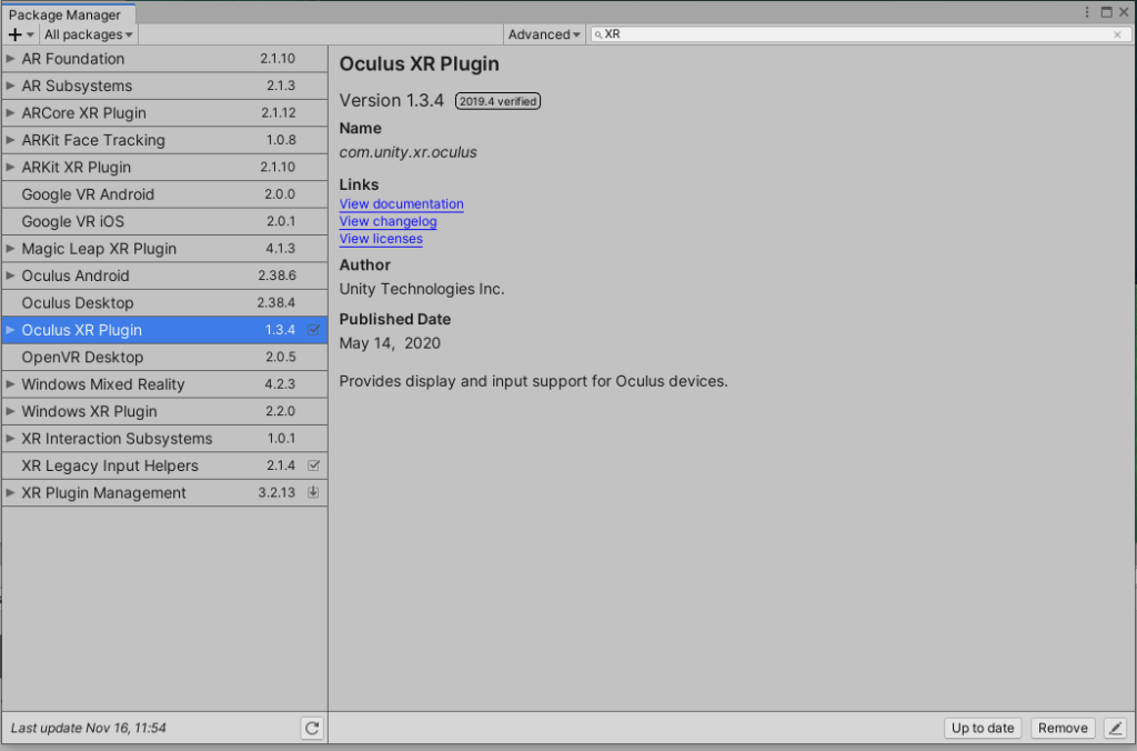Screenshot of Unity's Package Manager, showing the list of native XR related packages.