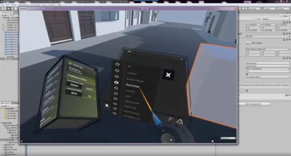 Unity's EditorXR interface, showing the Hierarchy and Settings UI.