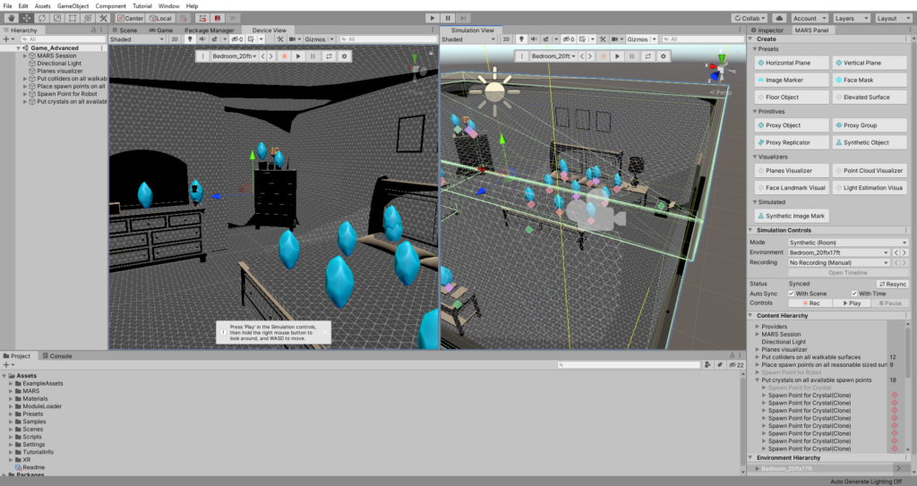 The MARS editor extension, showing both the simulation and device view, where developers can see how their app would perform on variety of simulated environments.