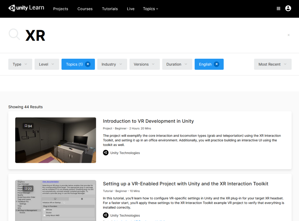Unity's Learn programs, showing the most recent XR development course titles, of 44 available courses.
