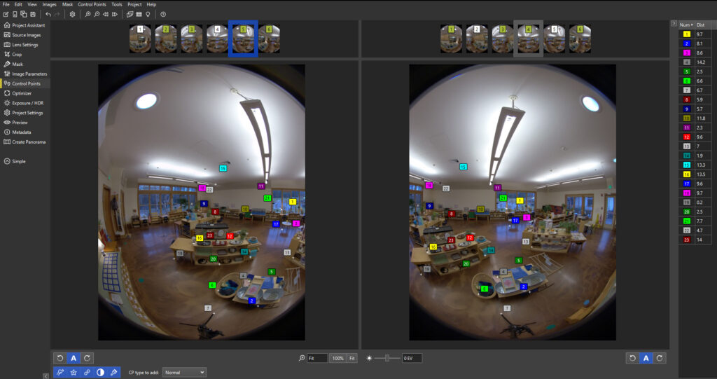 Screenshot of PTGui stitching software interface, with two adjacent images that are linked or stitched using a series of shared control points.