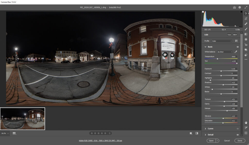 Photoshop Camera RAW interface, showing color correction of a equirectangular image created by stitching the six original images saved by the camera.
