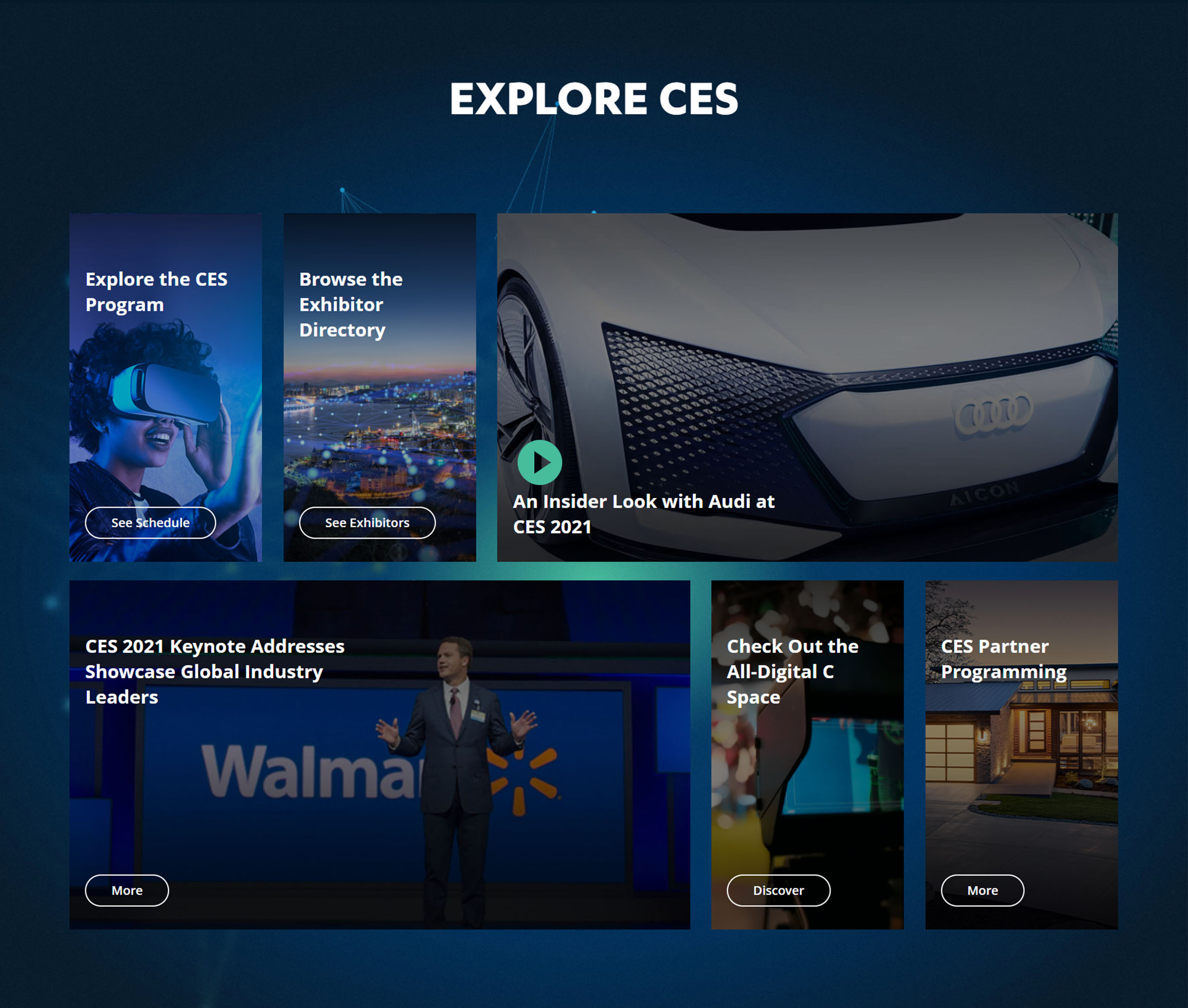 Screenshot showing the 'Explore' section of this year's virtual CES webpage