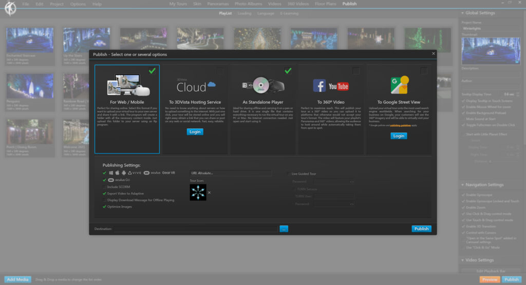 Virtual Tour Pro's publishing interface, with options for a range of platforms.